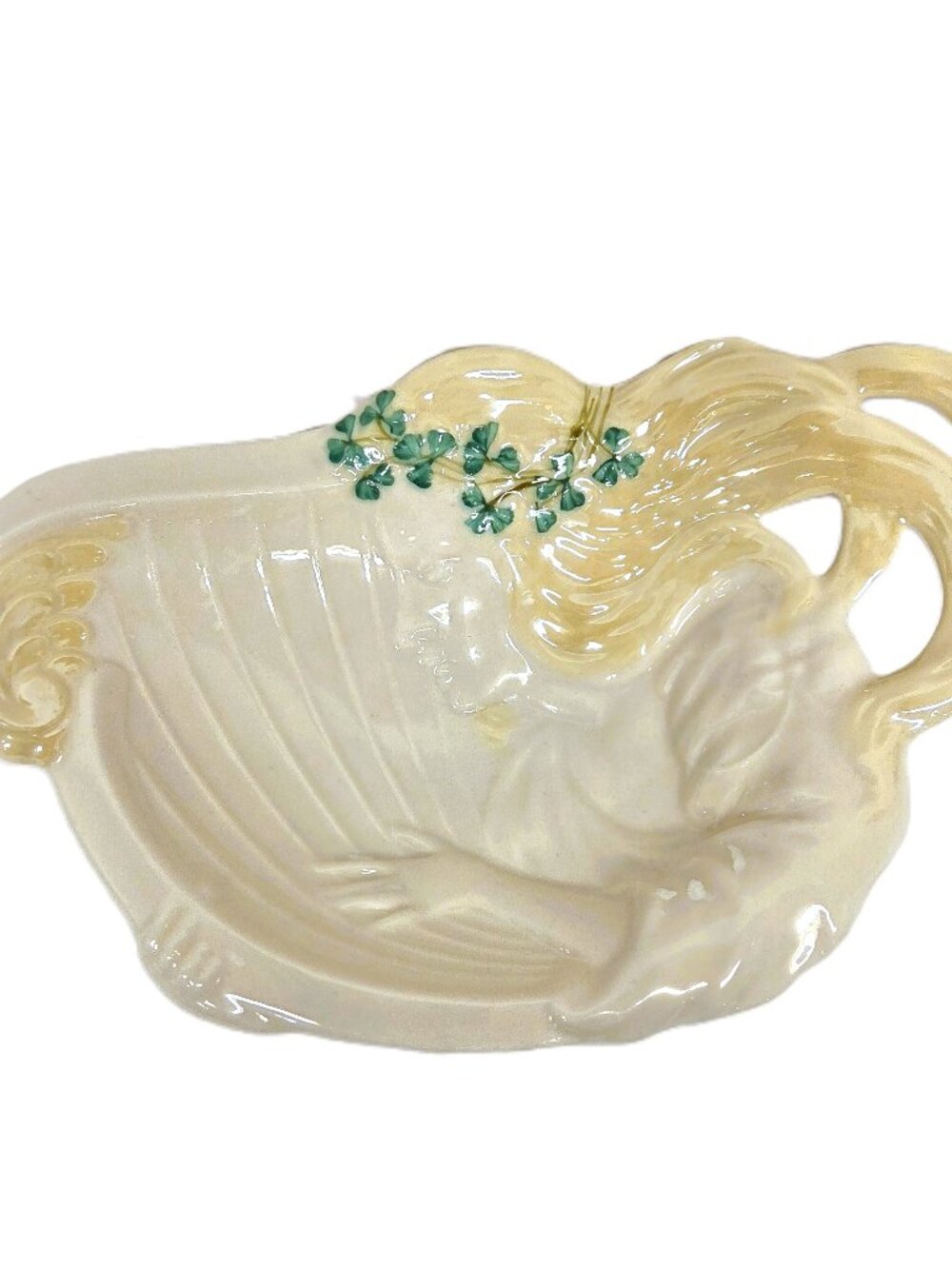 Vtg 1955-65 Belleek Woman Harp Shamrock Trinket Dish Butter Tray Green 5th Mark